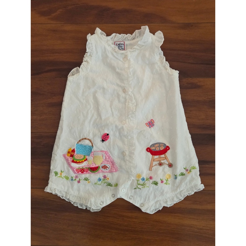 Cotton Kids White Swiss Dot Picnic Embroidered Romper 24M Ruffle Summer BBQ